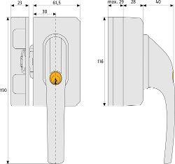 Maße vom Fenstergriffschloss ABUS FO500 N